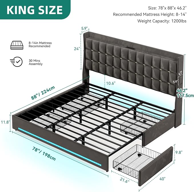 YITAHOME King Size Bed Frame with 4 Drawers and RGB LED Lights, Velvet Upholstered Platform Bed with Charging Station and Storage Headboard, No Box Spring Needed, Easy Assembly, Noise-Free, Dark Grey