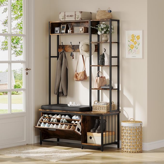 Hall Tree Coat Rack, Hall Tree With Bench and Shoe Storage Shoe With, Mud Room Storage Furniture，39.37 X 15.74 X 69.69 Inches, Brown