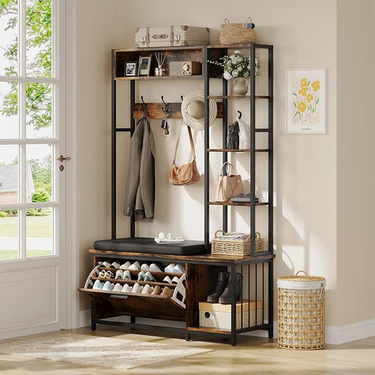 Hall Tree Coat Rack, Hall Tree With Bench and Shoe Storage Shoe With, Mud Room Storage Furniture，39.37 X 15.74 X 69.69 Inches, Brown