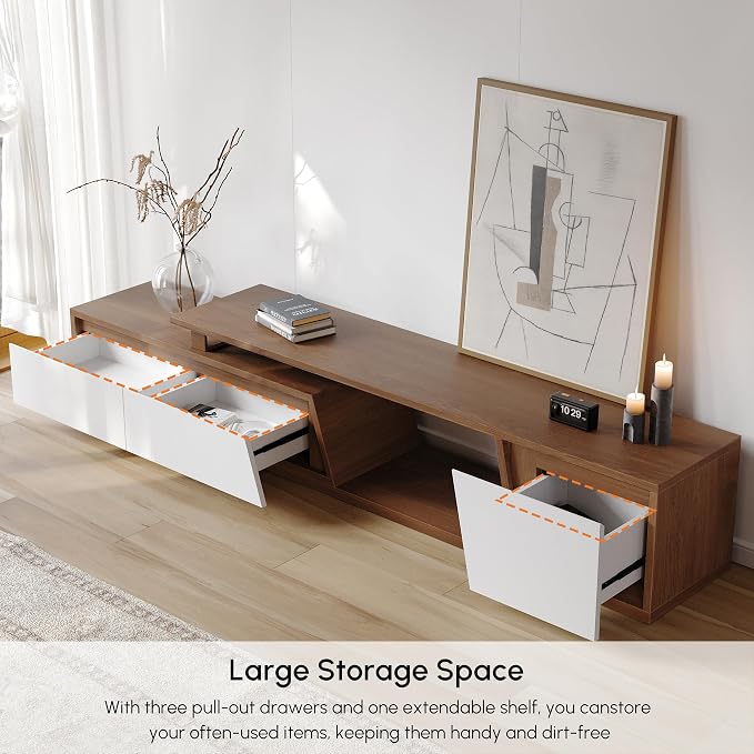 homary Extendable TV Stand with 3 Drawers Minimalist Rectangle Entertainment Center White & Walnut TV Console Up to 110" (70.9”W-110.2”W)