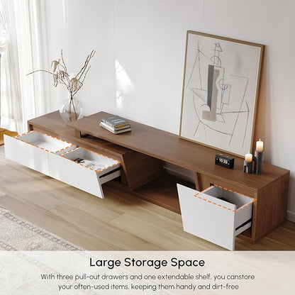 homary Extendable TV Stand with 3 Drawers Minimalist Rectangle Entertainment Center White & Walnut TV Console Up to 110" (70.9”W-110.2”W)