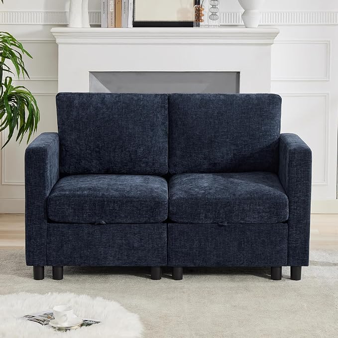 WUTUTUEE 58'' Modular Sectional Loveseat Sofa, Modern Love Seat 2 Seater Sofa Couch with Storage, Chenille Modular Sectional Couch for Living Room, Bedroom, Office, Small Apartment, Navy