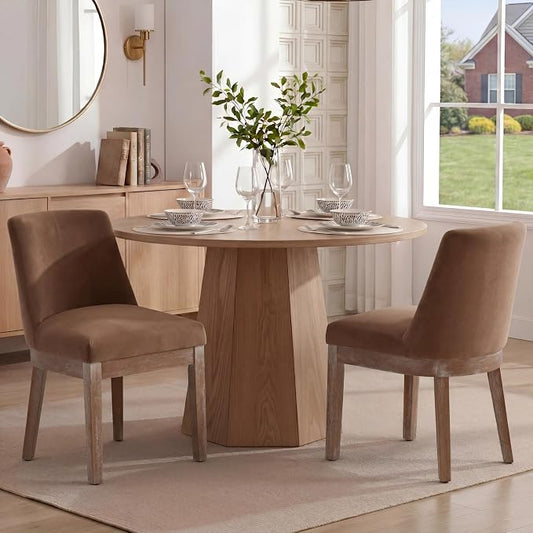 RIVOVA Upholstered Dining Chairs Set of 2, Modern Wooden Dining Room Chair Linen Fabric Kitchen Chairs Farmhouse Dinner Chair with Hardwood Frame, Khaki