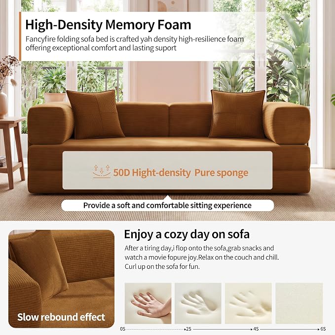 78.8" Convertible Sofa Bed with Armrest Pillow, 4-in-1 Sleeper Couch Bed for Livingroom, Modular Corduroy Boneless couches, No Assembly (Yellow)