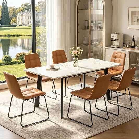 47.2"-63" Extendable Dining Room Table Set for 4-8 People, White | Removable Extension Leaf, Durable MDF Rectangle Tabletop, 6 Brown U-shaped PU Leather Chairs, Heavy Duty Modern Kitchen Table