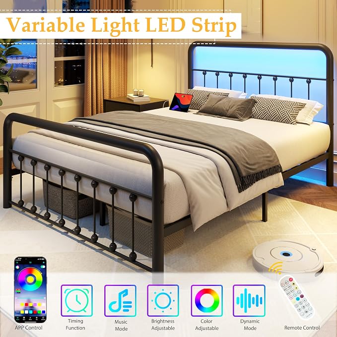 Fluest 14 Inch Queen Bed Frame Classic Metal Platform Bed Frame with Charging Station & LED, Victorian Style Iron-Art Headboard/Footboard, Under Bed Storage, No Box Spring Needed, Noise Free
