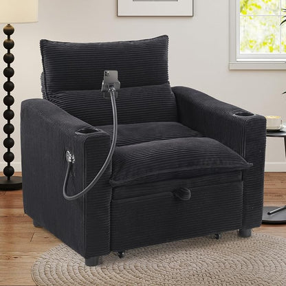 HAOMARKETS Corduroy Sleeper Sofa Bed with 2 Cup Holders, 3-in-1 Convertible Pullout Futon Couch with Phone Holder&USB Charge Port, Single Chair with 3-Level Adjustable Backrest for Living Room