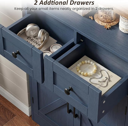 Befrases Farmhouse Blue Storage Cabinet with Barn Doors and Drawers, Small Freestanding Kitchen Pantry Cabinet, Hutch Cupboard for Kitchen, Laundry, Living Room,Bathroom