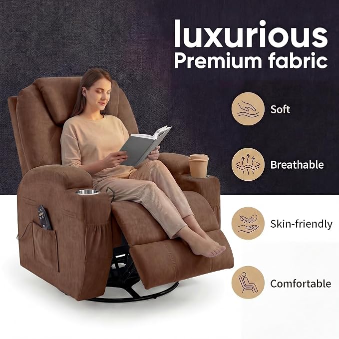 JUMMICO Small Swivel Rocker Recliner, 360 Rocking Chair Recliner with Massage, Upholstered Fabric Rocker Recliner with Cup Holder for Living Room, Bedroom, Nursery (Brown)