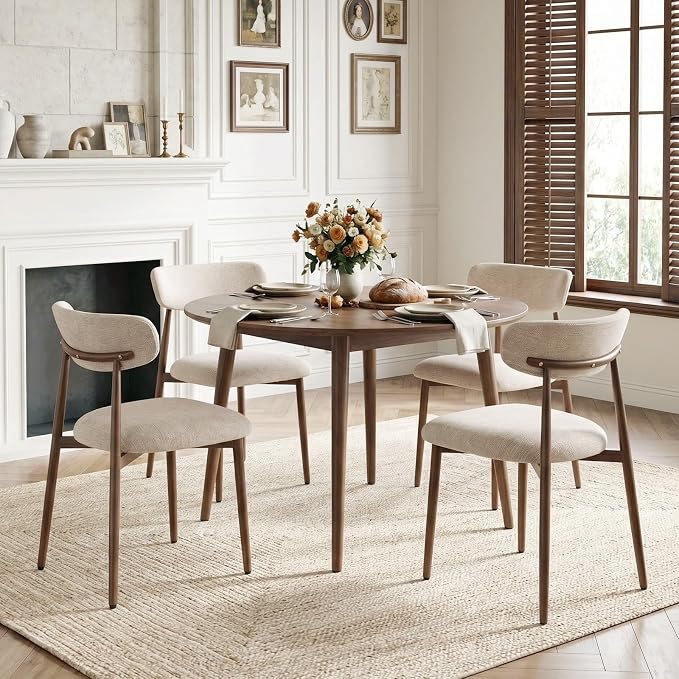 Furniliving Mid Century Modern Dining Chairs Set of 4, 300 lbs Capacity Upholstered Chenille Kitchen Chairs with Walnut Grain Metal Legs and Ergonomic Curved Back, Camel(Walnut/Chenille)