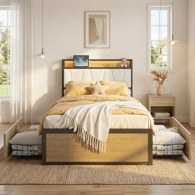 LIKIMIO Twin XL Bed Frame with 2 Storage Drawers, Charging Station & LED Lights, Twin XL Bed with Boucle Upholstered Headboard, Strong Metal Slats, No Box Spring Needed, Easy Assembly, Wood/Cream