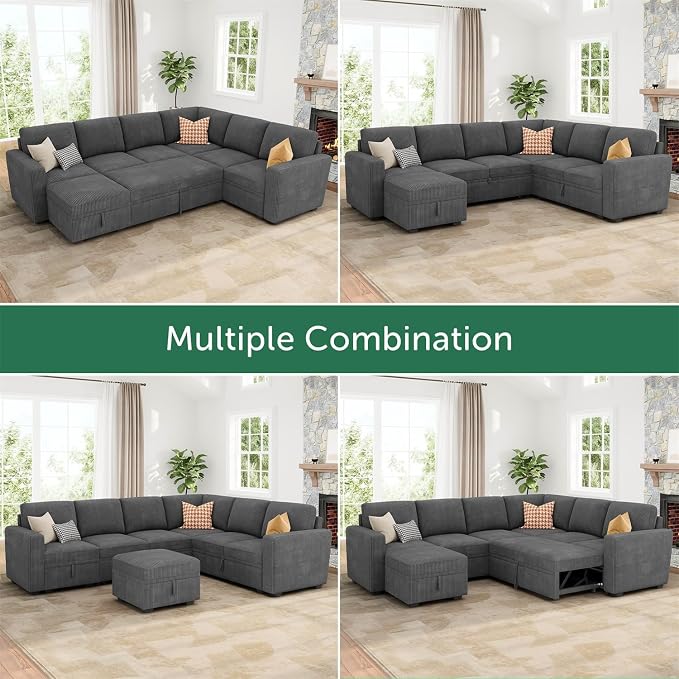 HONBAY Modular Sectional Couch with Pull Out Bed, Corduroy Sleeper Sofa with Storage Ottoman, U Shaped Sectional Couches for Living Room, Dark Grey