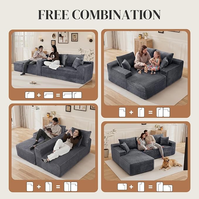 108" L Shaped Cloud Boneless Sectional Couches for Living Room, Modern Comfy Modular Deep Seat Memory Foam Compressed Corduroy Sofa Oversized Left Facing Chaise, No Assembly Required, Grey