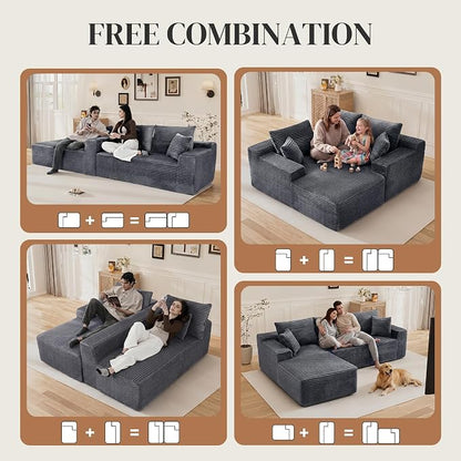 108" L Shaped Cloud Boneless Sectional Couches for Living Room, Modern Comfy Modular Deep Seat Memory Foam Compressed Corduroy Sofa Oversized Left Facing Chaise, No Assembly Required, Grey