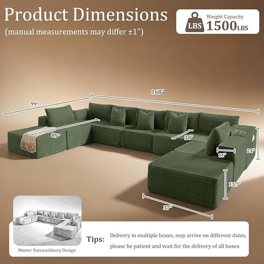 168" Cloud Sectional Couch, Comfort U Shaped Sofa for Living Room, Extra Deep Seats No Assembly, Minimalist Modular Couch, Corduroy (Olive Green, 9 Seats,U-Shape A)