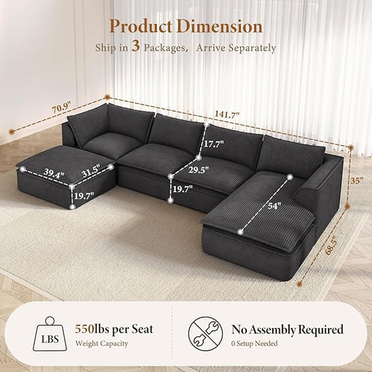 Vesgantti 141.7" U Shaped Boneless Sectional Couch, Modern 6 Seater Modular Sofa with Chaise & Ottoman, Deep Seat Convertible Corduroy Cloud Couches for Living Room, No Assembly Required, Black