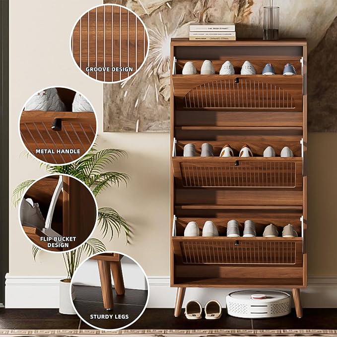 Fsbecl Shoe Storage Cabinet for Entryway with 3 Flip Drawers, Narrow Shoe Organizer with Fluted Panel, Freestanding Wood Hidden Shoe Cabinet for Hallway(Walnut, 23.6''W, Single Layer)