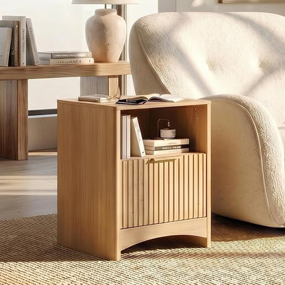 Marsail Fluted Nightstand, Wooden Nightstands with Drawers, Modern Bedside Table with Charging Station and Storage, End Table with Storage Side Table for Bedroom, Oak
