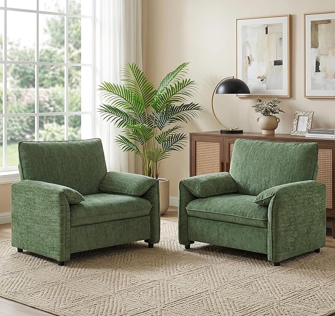 Oversized Accent Chairs Set of 2, 41 inch Modern Armchair for Living Room, Wide Reading Chair w/Deep Seat Springs Cushion, Padded Arms, Chenille Single Sofa Chair for Bedroom, Apartment, Green