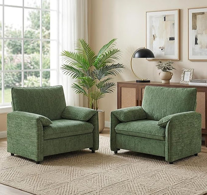Oversized Accent Chairs Set of 2, 41 inch Modern Armchair for Living Room, Wide Reading Chair w/Deep Seat Springs Cushion, Padded Arms, Chenille Single Sofa Chair for Bedroom, Apartment, Green