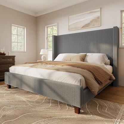 HOWE Queen Size Bed Frame with 50.8 Inch Corduroy Wingback Headboard, Gray | Modern Upholstered Platform Bed, Solid Wood Slats, No Box Spring Needed, Noise-Reducing Design