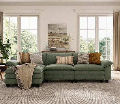 LINSY HOME 123'' Modular Sectional Sofa 3 Seat Couch Corduroy Cloud Couch with Deep Seat, Modern L-Shaped Cloud Couch with 1 Movable Ottoman for Living Room, Office, Bedroom, Green