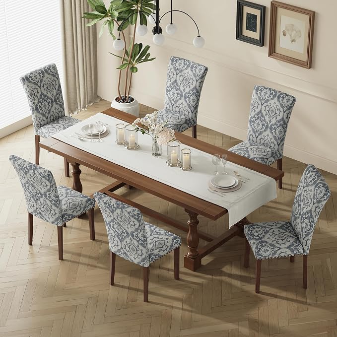 MALOL Dining Chairs Set of 6, High Back Dining Chair with Wood Legs and Nailhead Trim, Modern Padded Kitchen Room Chairs for Dining Room/Restaurant, White/Blue