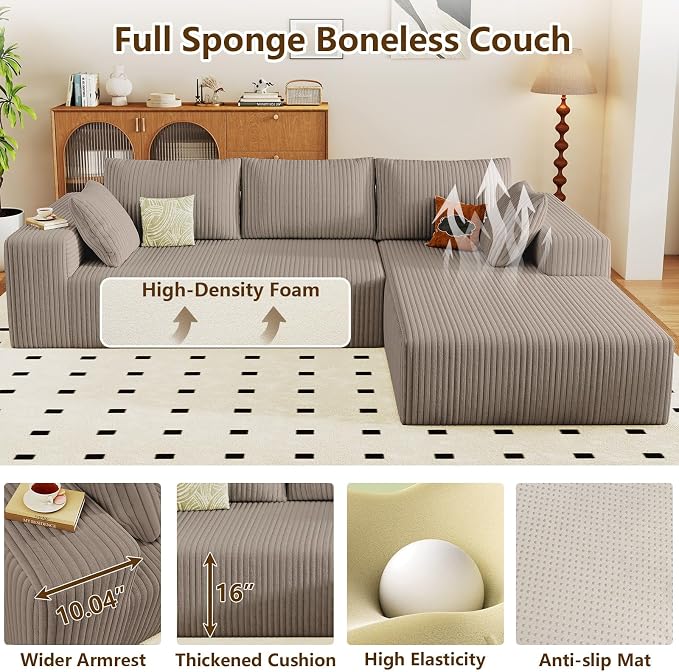 96" Modular Sectional Couch, Boneless L Shaped Cloud Sofa with Chaise Lounge, Corduroy Upholstered Couches Memory Foam Deep Seat, No Assembly Required, Ideal for Living Room(Camel, Right Facing)