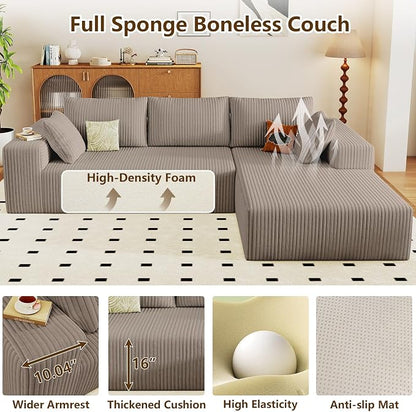 96" Modular Sectional Couch, Boneless L Shaped Cloud Sofa with Chaise Lounge, Corduroy Upholstered Couches Memory Foam Deep Seat, No Assembly Required, Ideal for Living Room(Camel, Right Facing)