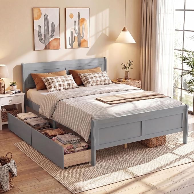 Giantex Queen Bed Frame with 2 Storage Drawers, Wood Platform Bed w/Headboard & Footboard, Wooden Slats Support Mattress Foundation, Sleigh Bedframe for Teens Adults, No Box Spring Needed (Grey)