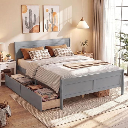 Giantex Queen Bed Frame with 2 Storage Drawers, Wood Platform Bed w/Headboard & Footboard, Wooden Slats Support Mattress Foundation, Sleigh Bedframe for Teens Adults, No Box Spring Needed (Grey)