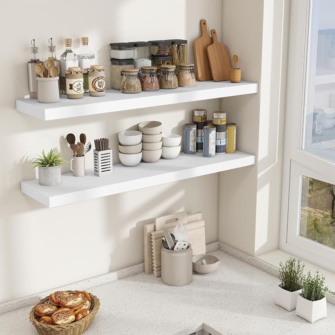 Fun Memories 10 Inch Deep Shelves, Floating Shelves for Wall 48 Inches Long, Wood Floating Shelves for Wall, Large Storage Shelves Wall Mount for Living Room Bedroom, White, Set of 1