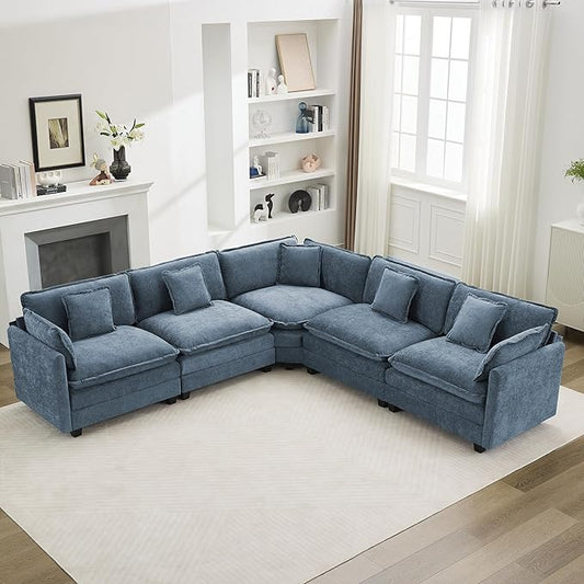 113'' V Shaped Cloud Sectional Sofa, Oversized Deep Seat Couches for Living Room, Chenille Comfy Upholstered Modular Sectional Sofa Couch,Blue