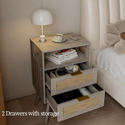 JOONEE Rattan Nightstand,Farmhouse Bedside Table with 2 Storage Drawer and Open Wood Shelf, for Bedroom and Small Spaces,Night Stand with Solid Wood Legs (Grey Oak)