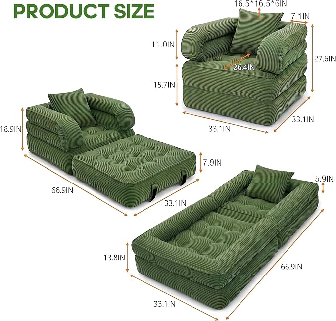 Folding Sofa Bed, Convertible Sleeper Chair with Armrests for Adults, Foldable Corduroy Boneless Bed, 3-in-1 Portable Futon Couch Floor Sofa with Pillow for Bedroom, Living Room, Dark Green