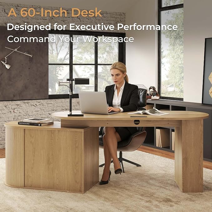 HSH L Shaped Office Corner Desk with Storage Cabinet for Home Oak 60 Inch | Executive Woood Fluted Computer Desk with Keyboard Tray and Open Shelves Modern Reversible Mcm Large Swivel Table