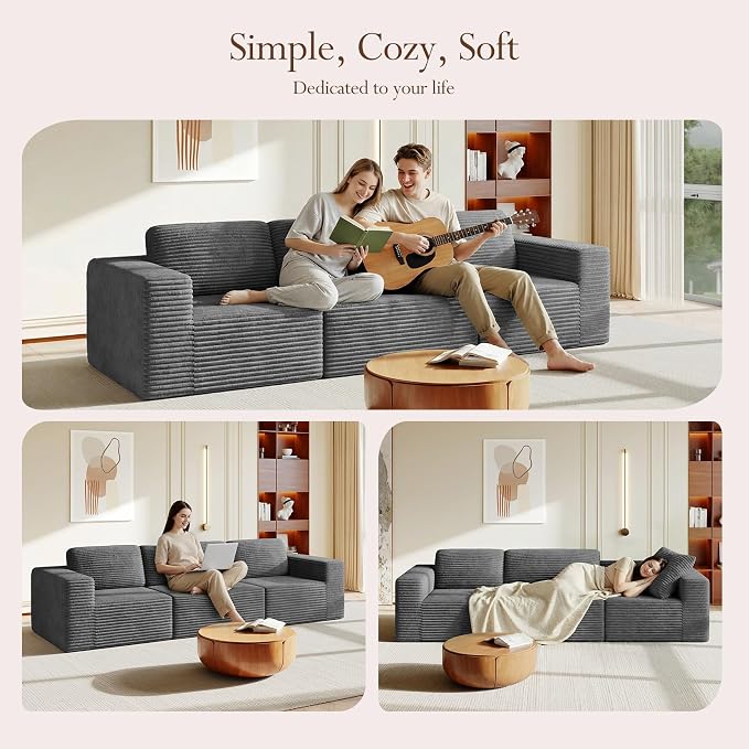 Vesgantti 119" Modular Sectional Sofa, Corduroy Cloud Couch with Deep Seating & Spring Support, 3 Seater Flexible Layout Sofa, Boneless Couch for Living Room & Apartment, No Assembly Required, Grey