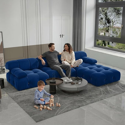 Modern Velvet Sectional Sofa, L Shape Minimalist Modular 4-Seater Sofa with Ottomans for Living Room Office Apartment (104in/Blue)