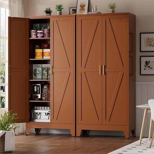 Brown Metal Storage Cabinet,71" Tall Farmhouse Storage Cabinets with 2 Morden Rhombus Doors and 4 Adjustable Shelves, Rustic Freestanding Cupboard for Kitchen,Home Office Living Room,Dining Room