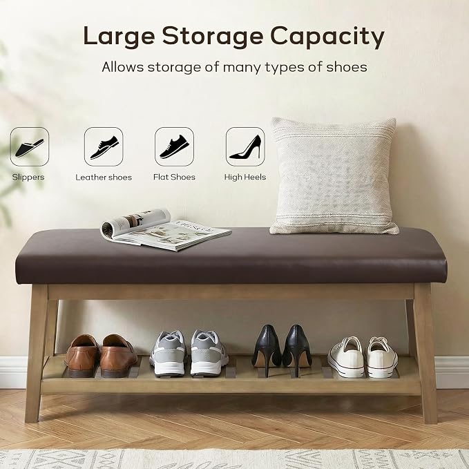 Entryway Bench with Cushion, Upholstered Shoe Rack Bench with Solid Wood Shelf, 44" End of Bed Bench for Bedroom, Chenille Fabric Storage Bench for Entryway, Hallway, Living Room (PU-Brown)