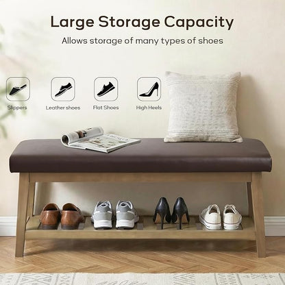 Entryway Bench with Cushion, Upholstered Shoe Rack Bench with Solid Wood Shelf, 44" End of Bed Bench for Bedroom, Chenille Fabric Storage Bench for Entryway, Hallway, Living Room (PU-Brown)