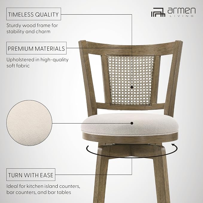 Armen Living Isla 30 in. Putty Brown Bar Height Rubberwood Swivel Barstool with Cream Fabric Seat - Set of 3