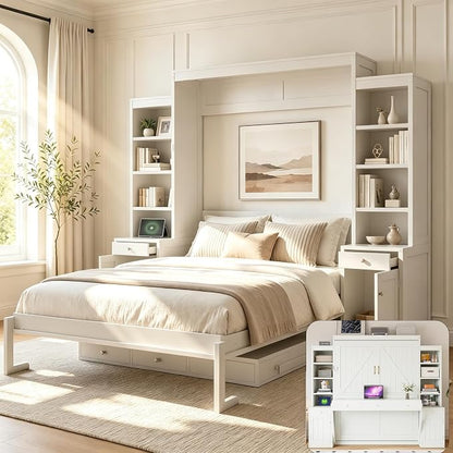Queen Murphy Bed with Desk, Wall Bed Cabinet with Storage Shelves, Enclosed Cabinets and Hidden Foldout Workstation, Folding Cabinet Bed, Space Saving Bed for Guest Room, Home Office (Antique White)