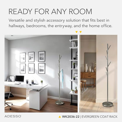 Adesso Evergreen Coat Rack with Brushed Steel Finish – Space-Saving Entryway Organizer Perfect for Coats, Bags, Purses and Hats – 6 Hooks, 67" Tall