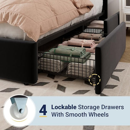 Allewie King Size Storage Bed Frame, Vertical Channel Tufted Adjustable Headboard, Velvet Upholstered Platform Bed with 4 Oversized Underbed Drawers, Wooden Slats Support, No Box Spring Needed, Black