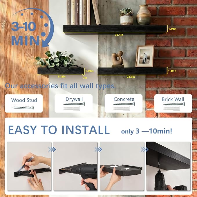 Floating Shelves for Wall, Bathroom Shelves Over Toilet, Wall Shelves & Book Shelf for Room, Hanging Shelf, Modern Wooden Mounted Floating Shelves, 36x7x1.5 in (Black, Set of 2)