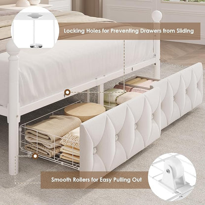 Queen Upholstered Canopy Bed Frame with 2 Drawers & Crystal Tufted Storage Headboard Metal Platform Bed with Charging Station & 4 Removable Posts No Box Spring Needed Curtain Not Included, Beige