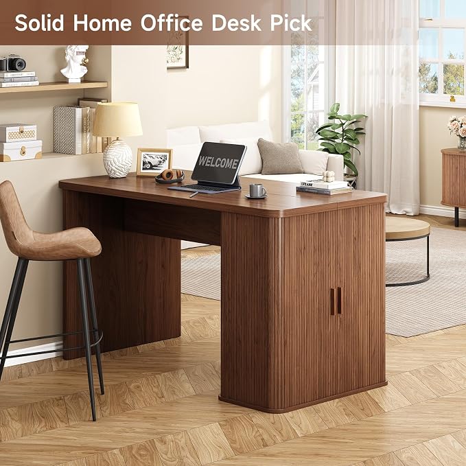 ONBRILL 61 Inch Kitchen Island with Storage, Fluted Counter Height Table, Mid-Century Modern Kitchen Island Table with Sliding Door, Home Bar Tables with Wine Rack and Drawers (Walnut)