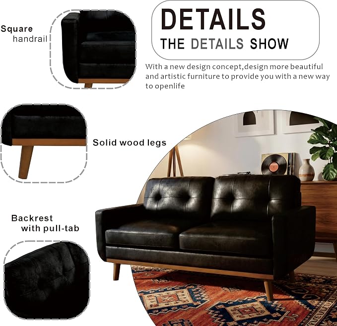 Ball & Cast 65" Loveseat Sofa,Mid Century Modern Love Seat Couches for Living Room,Button Tufted Upholstered Small Couch with Solid Wood Legs for Bedroom,Apartment,Office,Fabric,Black