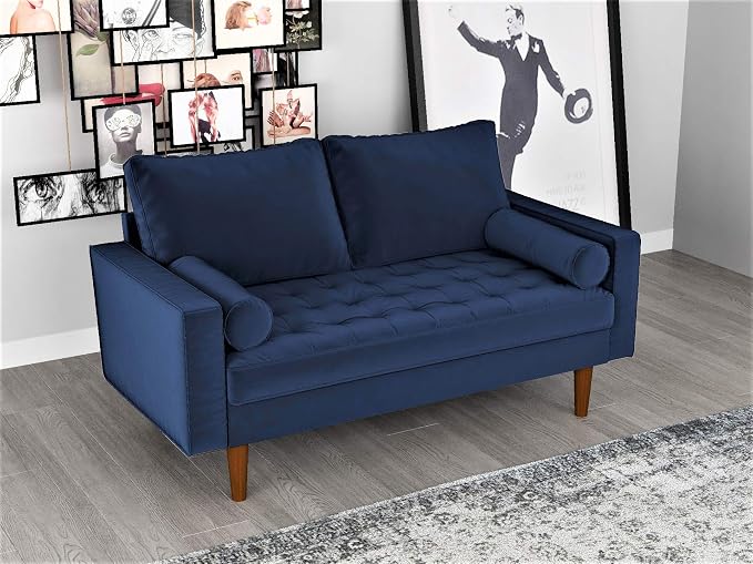 Container Furniture Direct Womble Mid Century Modern Soft Velvet Upholstered Tufted Seat with Bolster Pillows, Loveseat, Sofa, Misty Blue